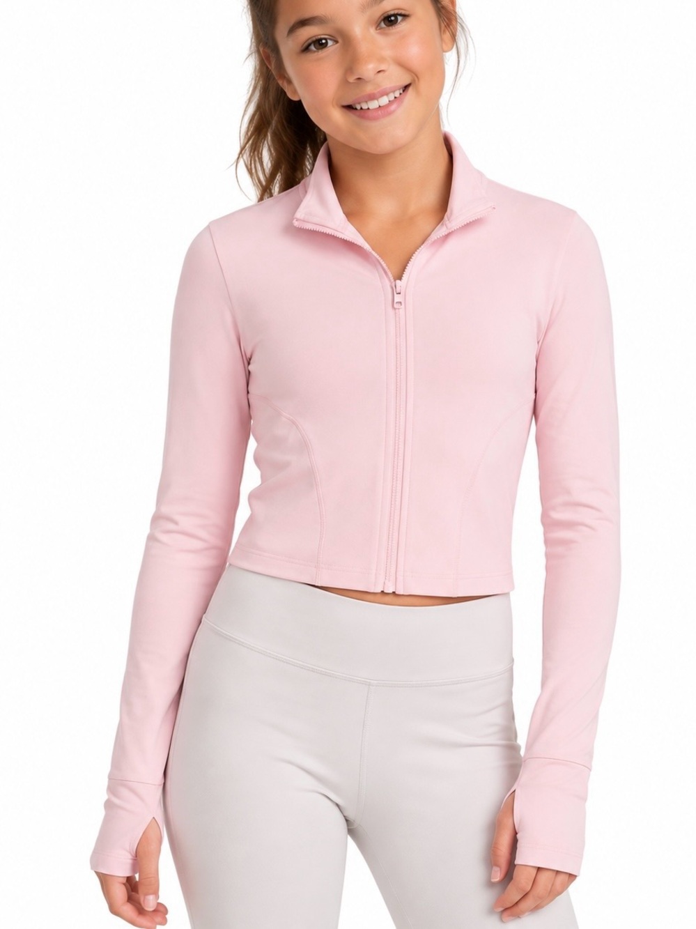 Kids Youth Medium Pink Full Zip Athletic Jacket Thumbholes Lightweight